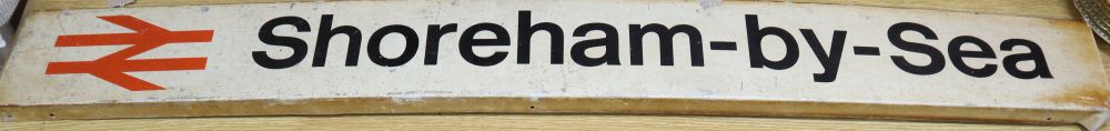 A Shoreham-By-Sea railway sign, label to reverse reads storm damage October 16th 1987